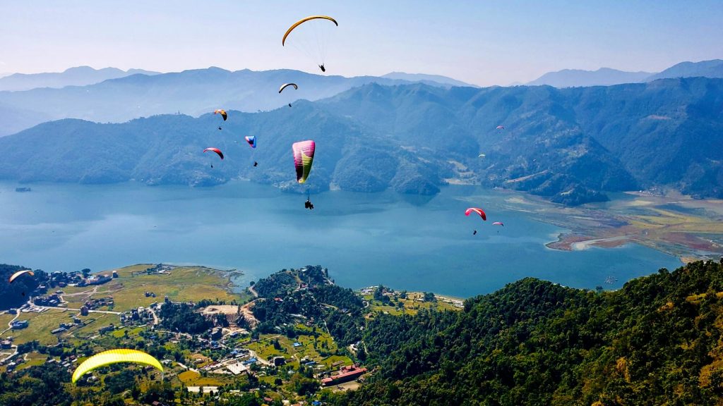 Paragliders over Fewa Lake, Pokhara, Nepal - By Mountain People